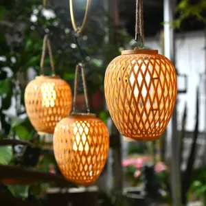 Outdoor Solar Lantern Night Light – Waterproof Hanging Imitation Bamboo Weaving Table Lamp for Garden, Patio, and Party Decoration