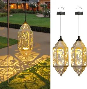 Outdoor Solar Lanterns Waterproof Fairy Moon Garden Gifts for Women Mom12.4‘’ Metal Garden Lanterns Hanging Light for Patio Backyard Decorations, Mothers Day Birthday Gifts (Gold White,2Pack)