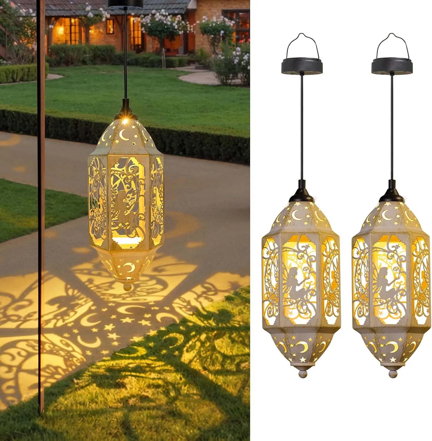 Outdoor Solar Lanterns Waterproof Fairy Moon Garden Gifts for Women Mom12.4‘’ Metal Garden Lanterns Hanging Light for Patio Backyard Decorations, Mothers Day Birthday Gifts (Gold White,2Pack)