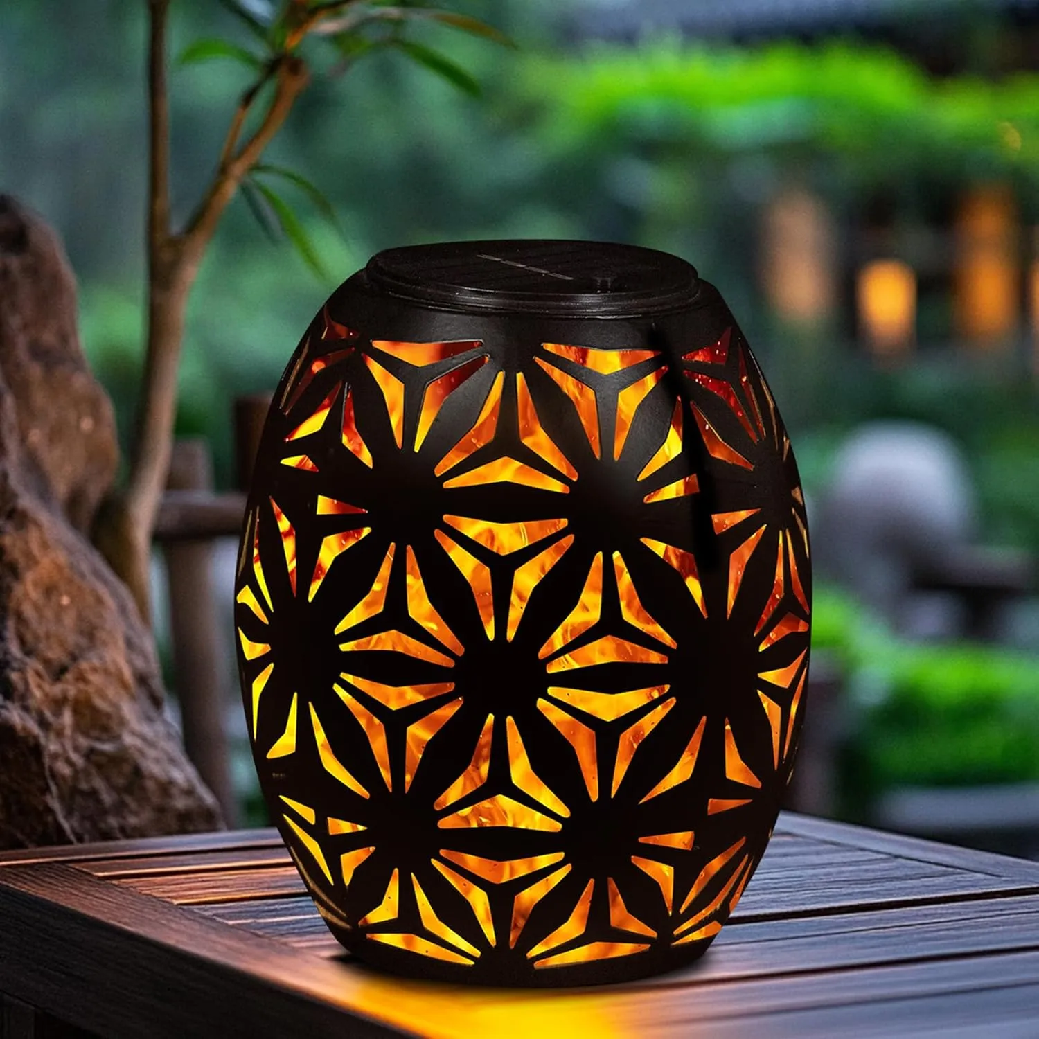 Outdoor Solar Table Lantern Waterproof Black Flower Hollowed-Out Solar Metal Light Dancing Flickering Flame LED Garden Light Decorative Table Lamp for Outside Patio Porch Lawn Pathway