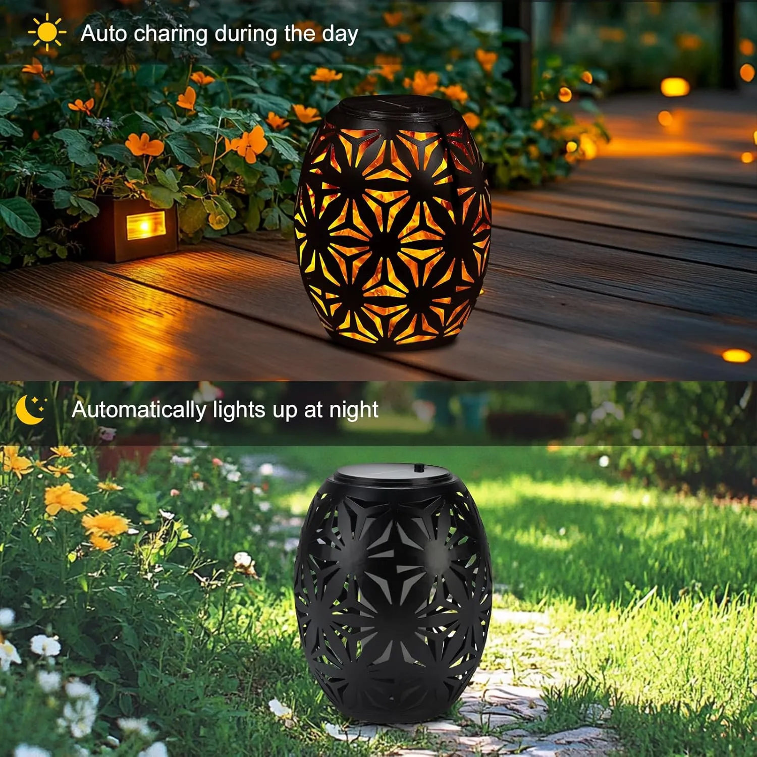 Outdoor Solar Table Lantern Waterproof Black Flower Hollowed-Out Solar Metal Light Dancing Flickering Flame LED Garden Light Decorative Table Lamp for Outside Patio Porch Lawn Pathway