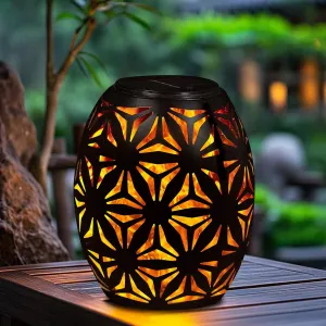 Outdoor Solar Table Lantern Waterproof Black Flower Hollowed-Out Solar Metal Light Dancing Flickering Flame LED Garden Light Decorative Table Lamp for Outside Patio Porch Lawn Pathway