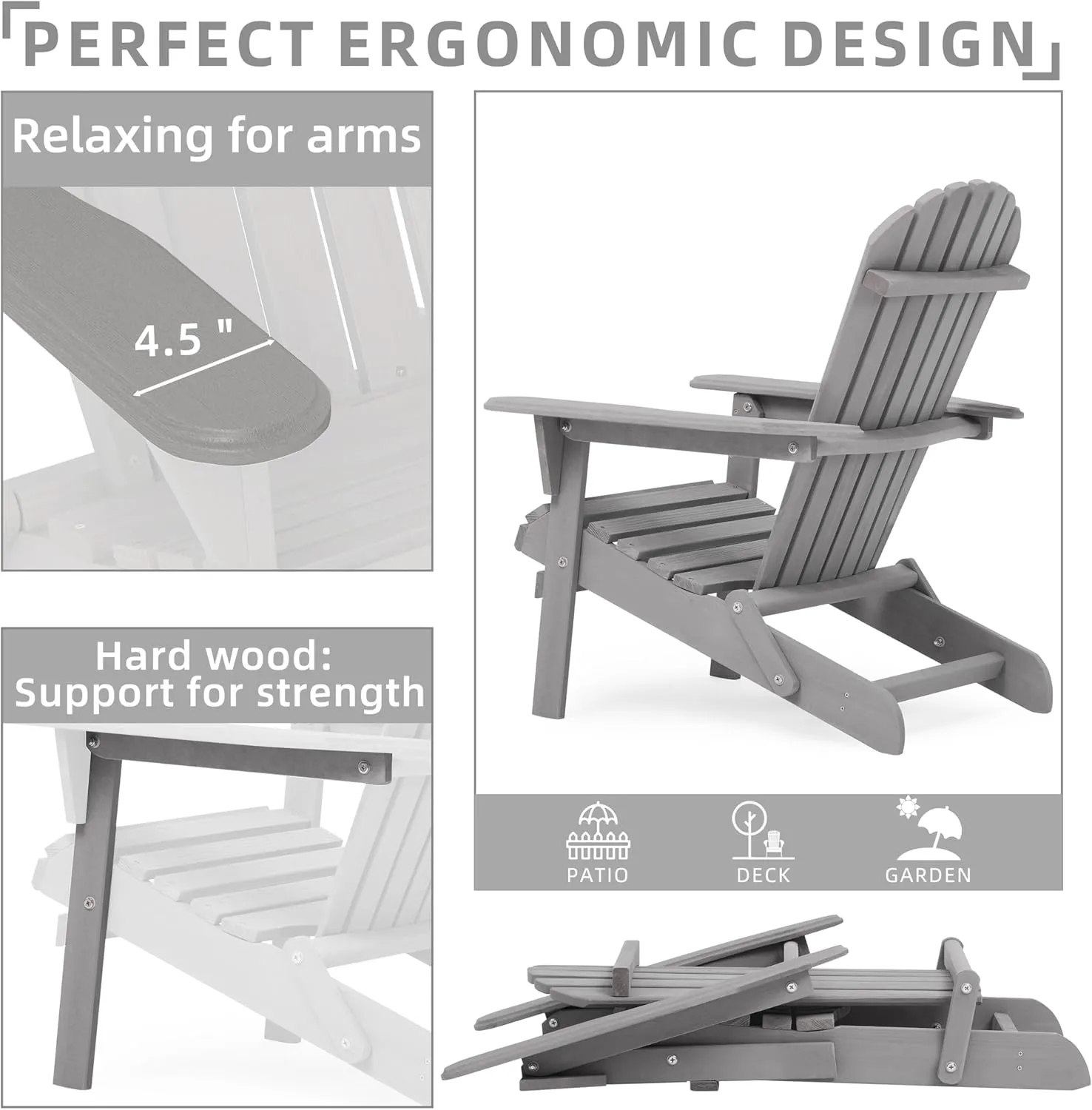 Outdoor Wooden Folding Adirondack Chair Set of 4 with Pre-Assembled BackRest, Wood Patio Chair for Garden Backyard Porch Pool Deck Firepit