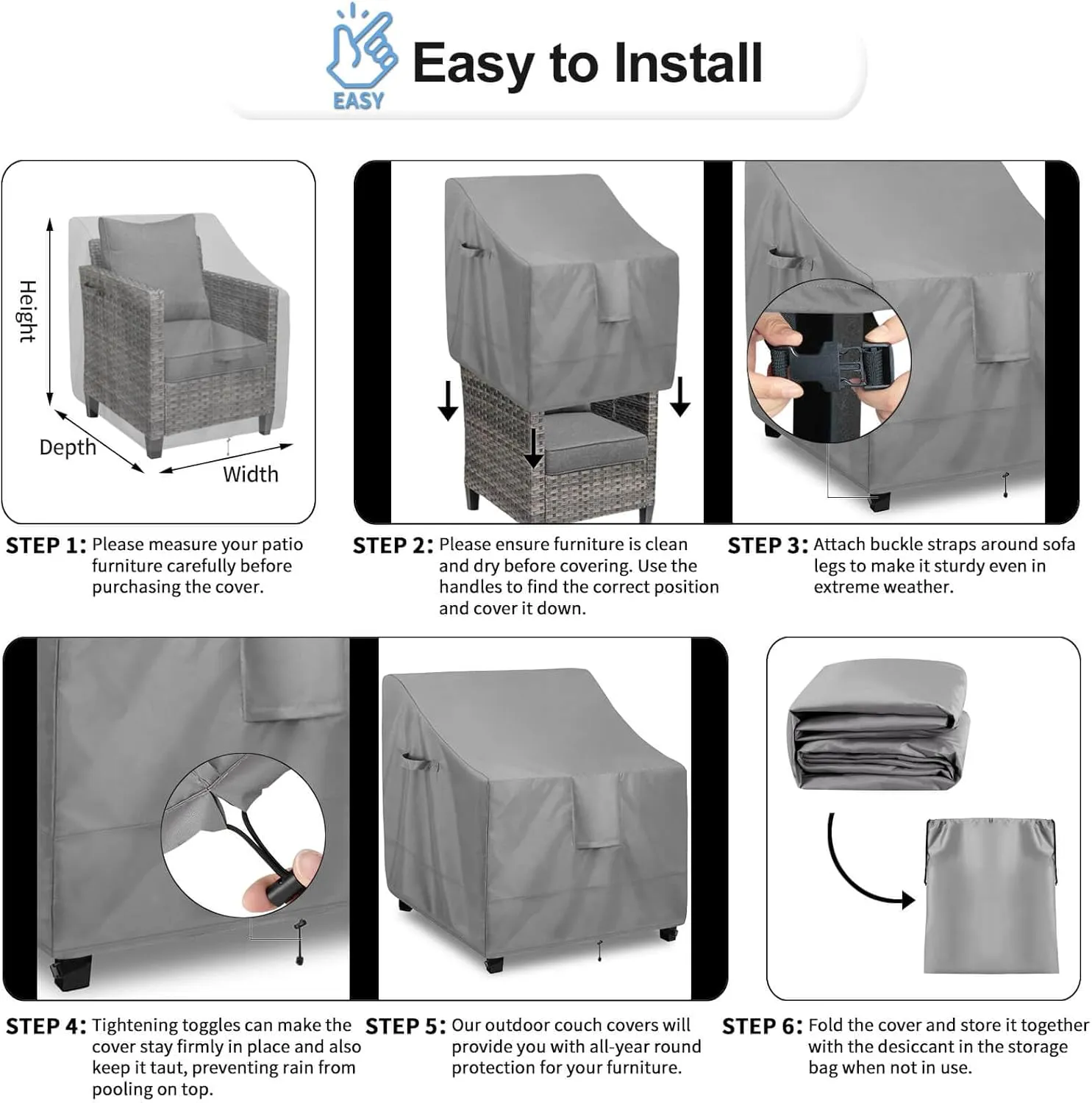 OutdoorLines Outdoor Waterproof Furniture Chair Cover - UV-Resistant Patio Lawn Chair Covers for Outdoor Furniture Windproof Heavy Duty Chair Covering, 2 Packs, 35Wx38Dx31H Inches, Grey