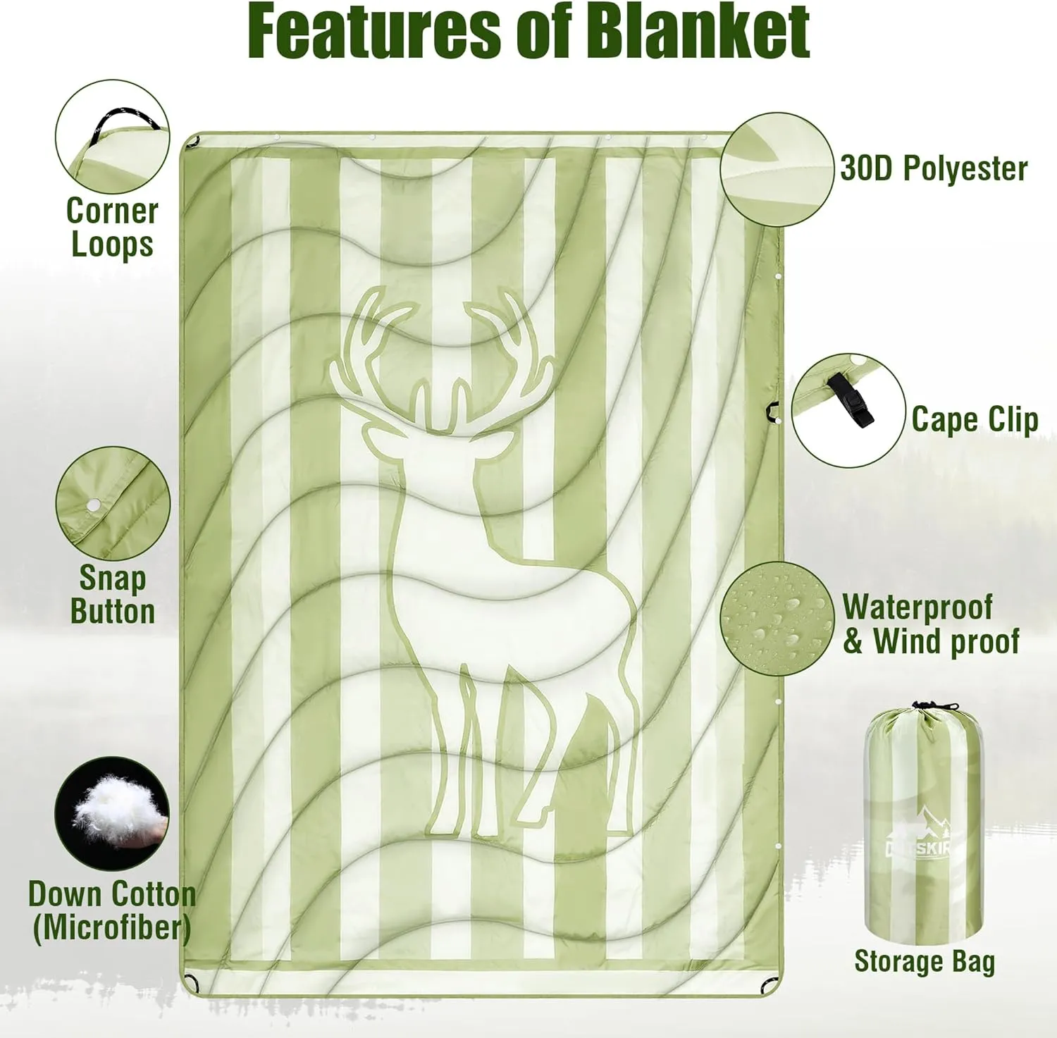 OUTSKIRT Packable Camping Blanket, Outdoor Puffer Camping Blankets for Cold Weather, Lightweight & Wearable Camping Quilt, Ideal for Traveling, Hiking, Festival & Outdoor Adventures, Deer
