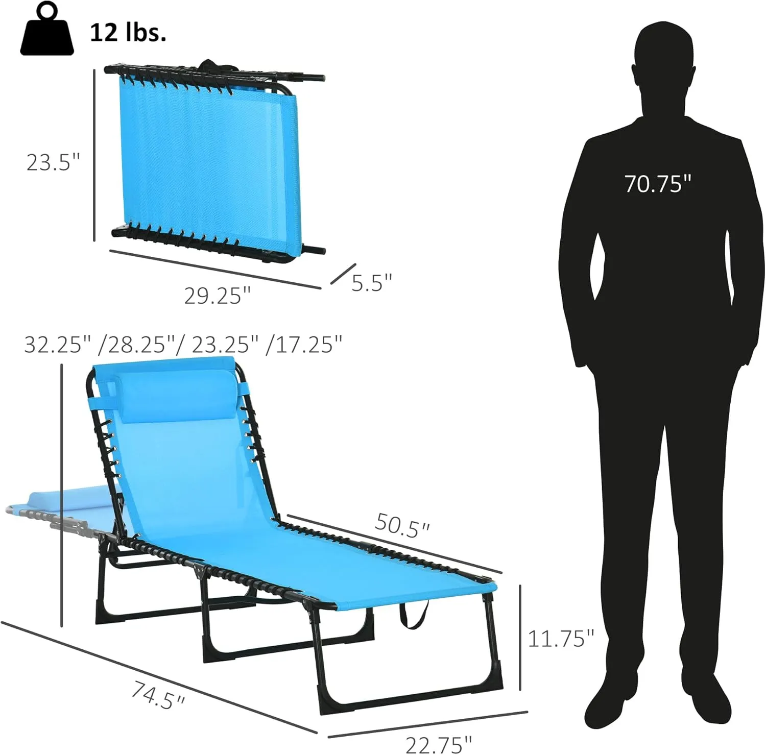 Outsunny Folding Chaise Lounge Chair, Patio Sun Tanning Chair, Outdoor Chaise Lounger with 4-Position Reclining Back, Breathable Mesh Seat for Beach, Poolside, Yard, Blue