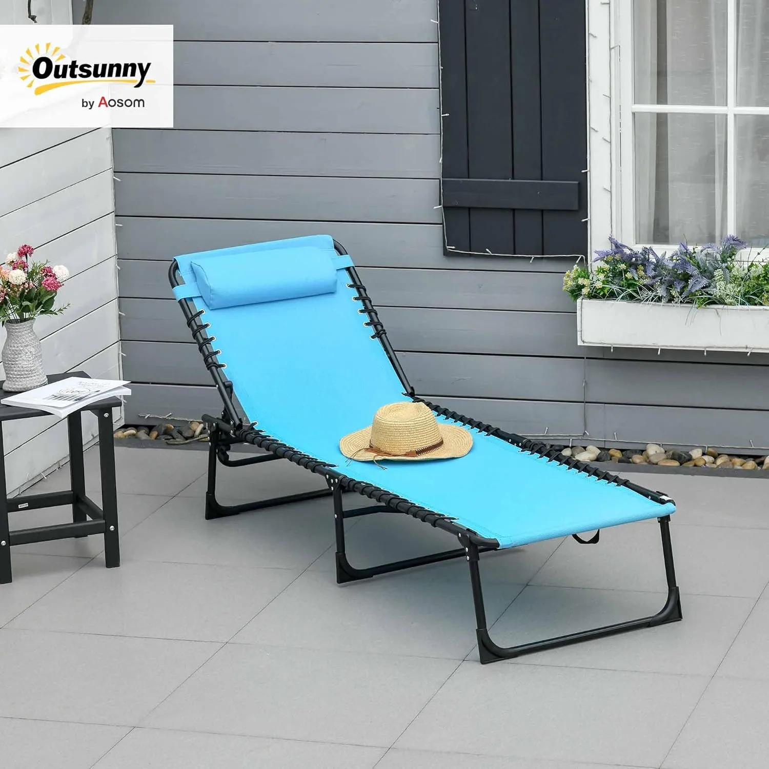 Outsunny Folding Chaise Lounge Chair, Patio Sun Tanning Chair, Outdoor Chaise Lounger with 4-Position Reclining Back, Breathable Mesh Seat for Beach, Poolside, Yard, Blue