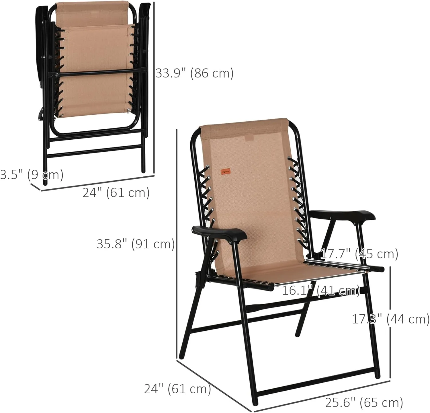 Outsunny Patio Folding Chair, Outdoor Bungee Sling Chair w/Armrests, Portable Lawn Chair for Camping, Garden, Pool, Beach, Backyard, Beige