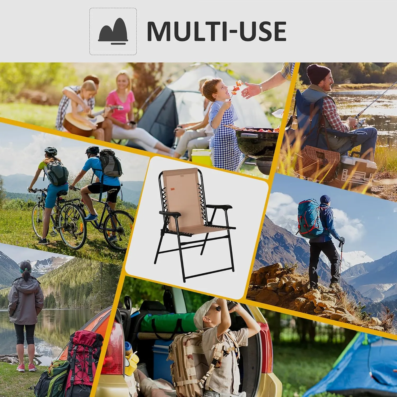 Outsunny Patio Folding Chair, Outdoor Bungee Sling Chair w/Armrests, Portable Lawn Chair for Camping, Garden, Pool, Beach, Backyard, Beige