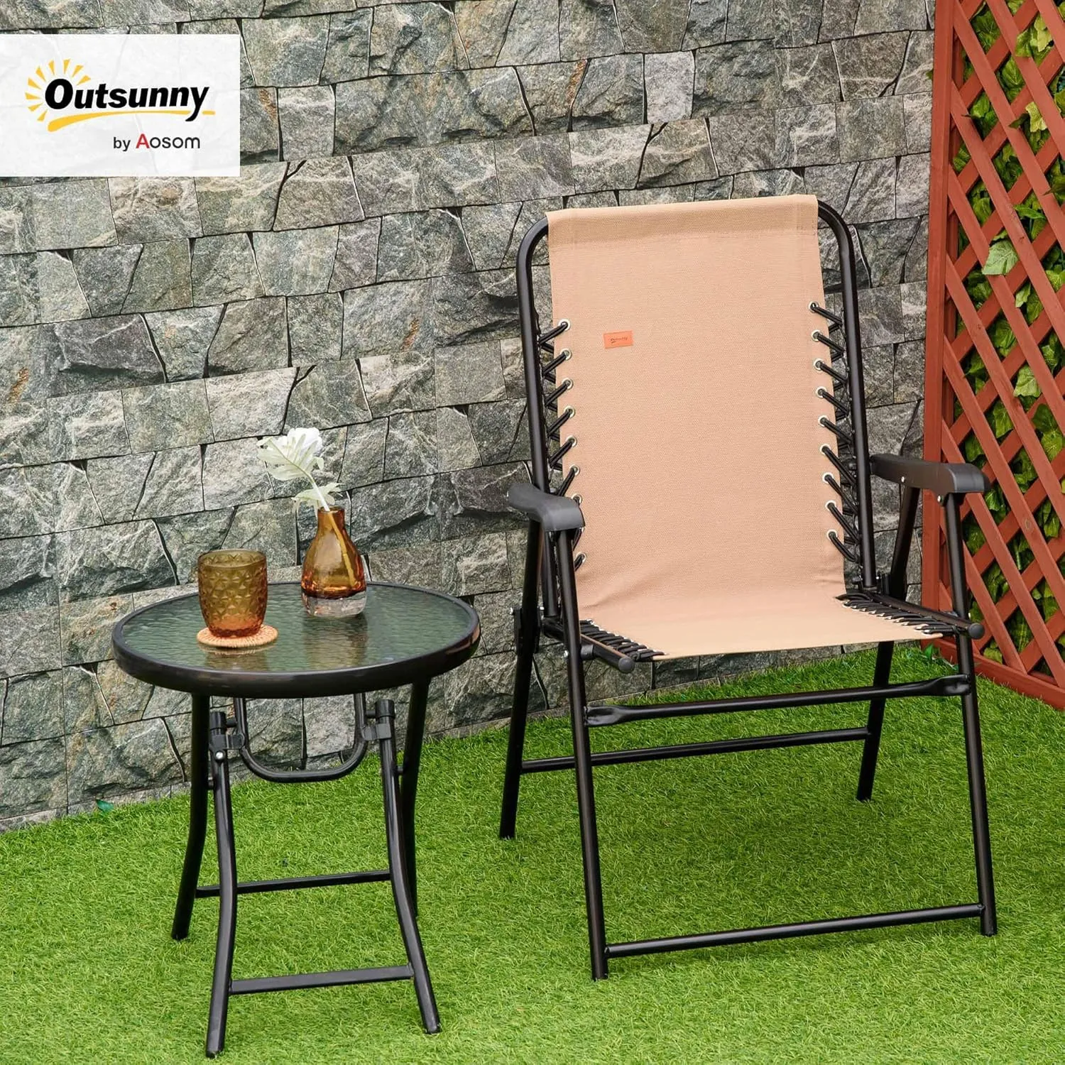 Outsunny Patio Folding Chair, Outdoor Bungee Sling Chair w/Armrests, Portable Lawn Chair for Camping, Garden, Pool, Beach, Backyard, Beige