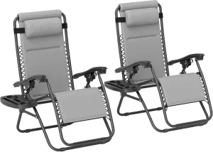 Outsunny Zero Gravity Chairs Set of 2, Reclining Folding Zero Gravity Lounge Chair, Outdoor Lounge Chairs with Cushion, Headrest, and Cup Phone Holder Tray for Patio, Beach, Light Gray