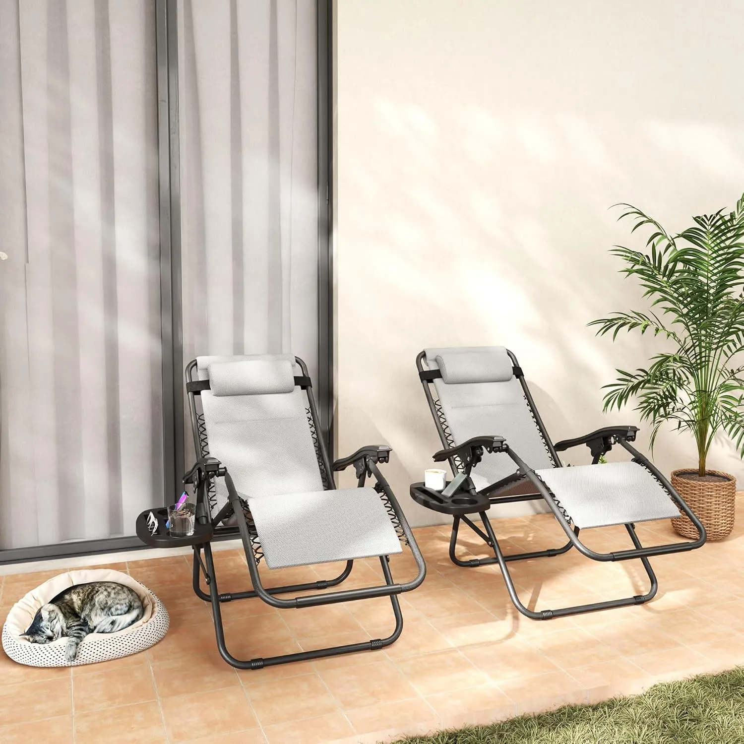 Outsunny Zero Gravity Chairs Set of 2, Reclining Folding Zero Gravity Lounge Chair, Outdoor Lounge Chairs with Cushion, Headrest, and Cup Phone Holder Tray for Patio, Beach, Light Gray
