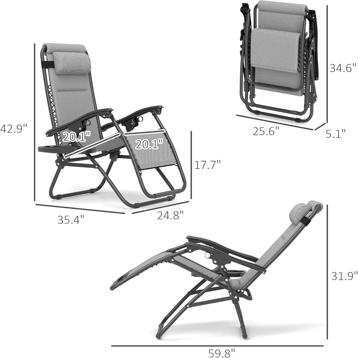 Outsunny Zero Gravity Chairs Set of 2, Reclining Folding Zero Gravity Lounge Chair, Outdoor Lounge Chairs with Cushion, Headrest, and Cup Phone Holder Tray for Patio, Beach, Light Gray