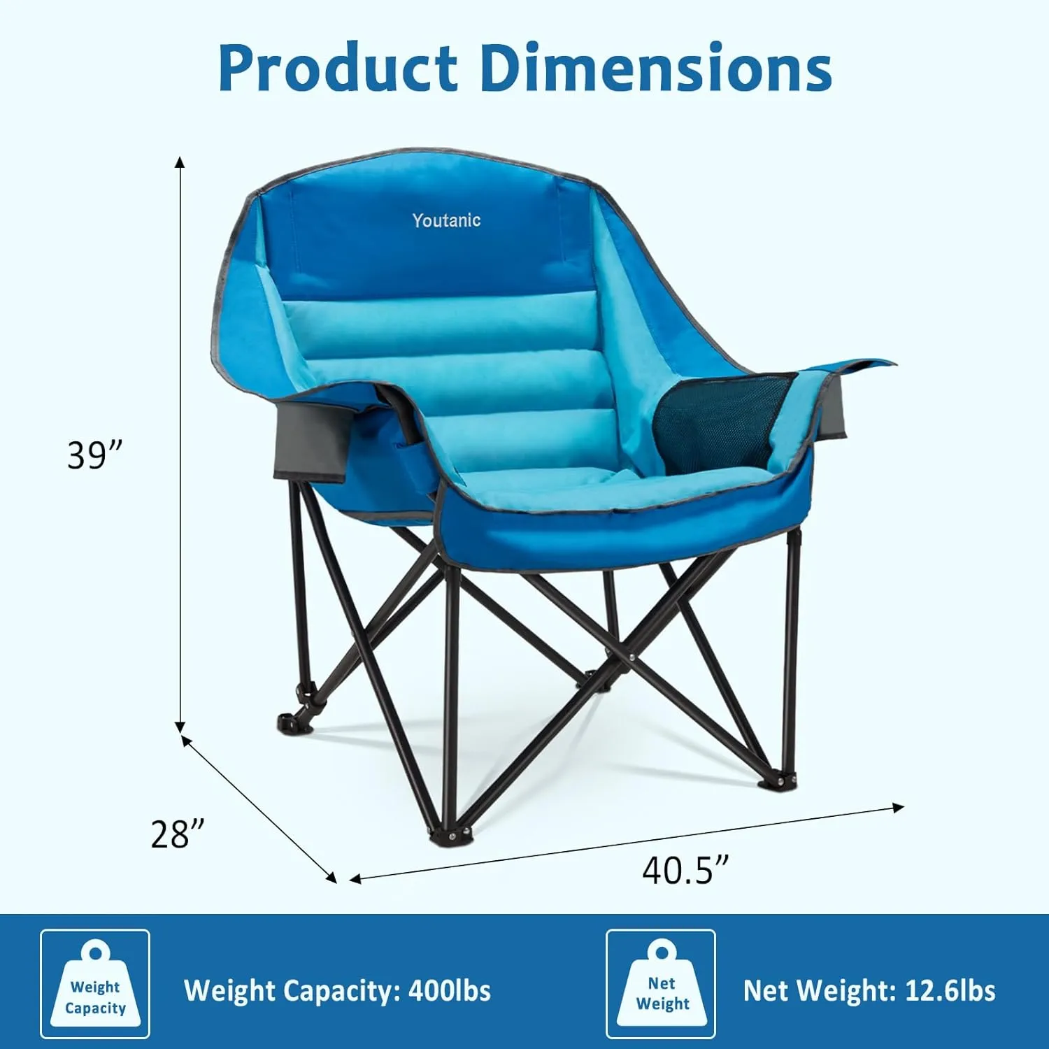 Oversized Camping Chair, Portable Folding Camping Chairs with Side Pocket, Cup Holder and Carry Bag, Heavy Duty Outdoor Camping Chairs for Adults, Fishing, Sports, Trip, up to 400lbs, Style 1