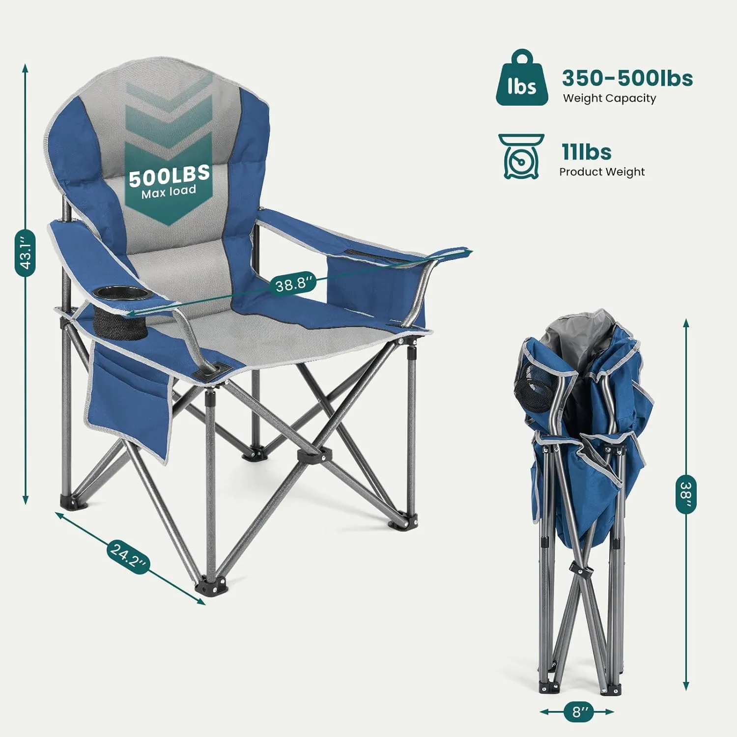 Oversized Camping Chair with Padded Armrest, Lumbar Support, Steel Frame, Includes Cooler Bag, Storage Netting Cup Holder, Holds Up to 500 Pounds, Folding Chairs for Outside