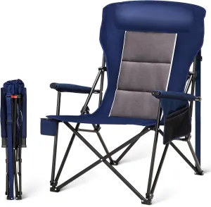 Oversized Camping Chairs for Adults, High Back Heavy Duty Lawn Folding Chair Support 500LBS, Padded Portable Outdoor Chair with Cup Holder, Blue