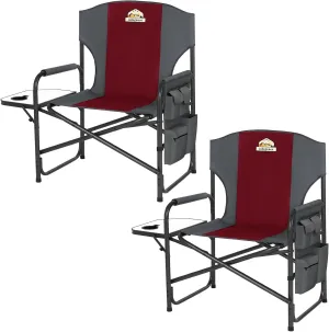 Oversized Directors Camping Chair Set of 2 Support 600 LBS, Heavy Duty Folding Outdoor Chairs with Detachable Side Pocket and Adjustable Side Table for Outside Beach,Lawn,Fishing (Red)