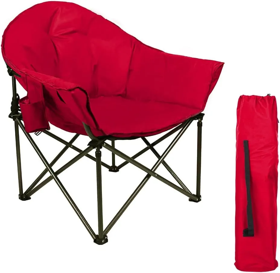 Padded Oversized Folding Camping Chair, Portable Moon Saucer Chair, Round Outdoor Chair with Cup Holder and Carry Bag for Adults, Hiking, Camping, Fishing, Red