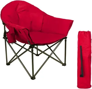 Padded Oversized Folding Camping Chair, Portable Moon Saucer Chair, Round Outdoor Chair with Cup Holder and Carry Bag for Adults, Hiking, Camping, Fishing, Red
