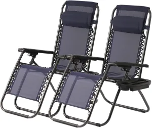 PayLessHere Set of 2 Lounge Chair Textilene Adjustable Beach Chair Zero Gravity Chair Folding Lawn Patio Chair with Removable Pillow and Cup Holder for Poolside Backyard Lawn Beach,Blue