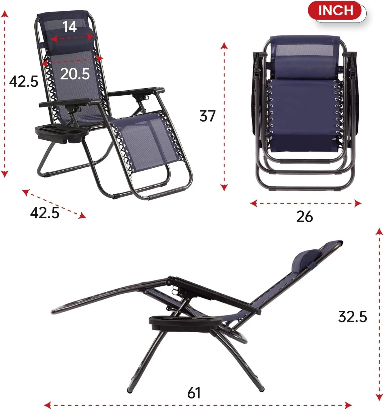 PayLessHere Set of 2 Lounge Chair Textilene Adjustable Beach Chair Zero Gravity Chair Folding Lawn Patio Chair with Removable Pillow and Cup Holder for Poolside Backyard Lawn Beach,Blue