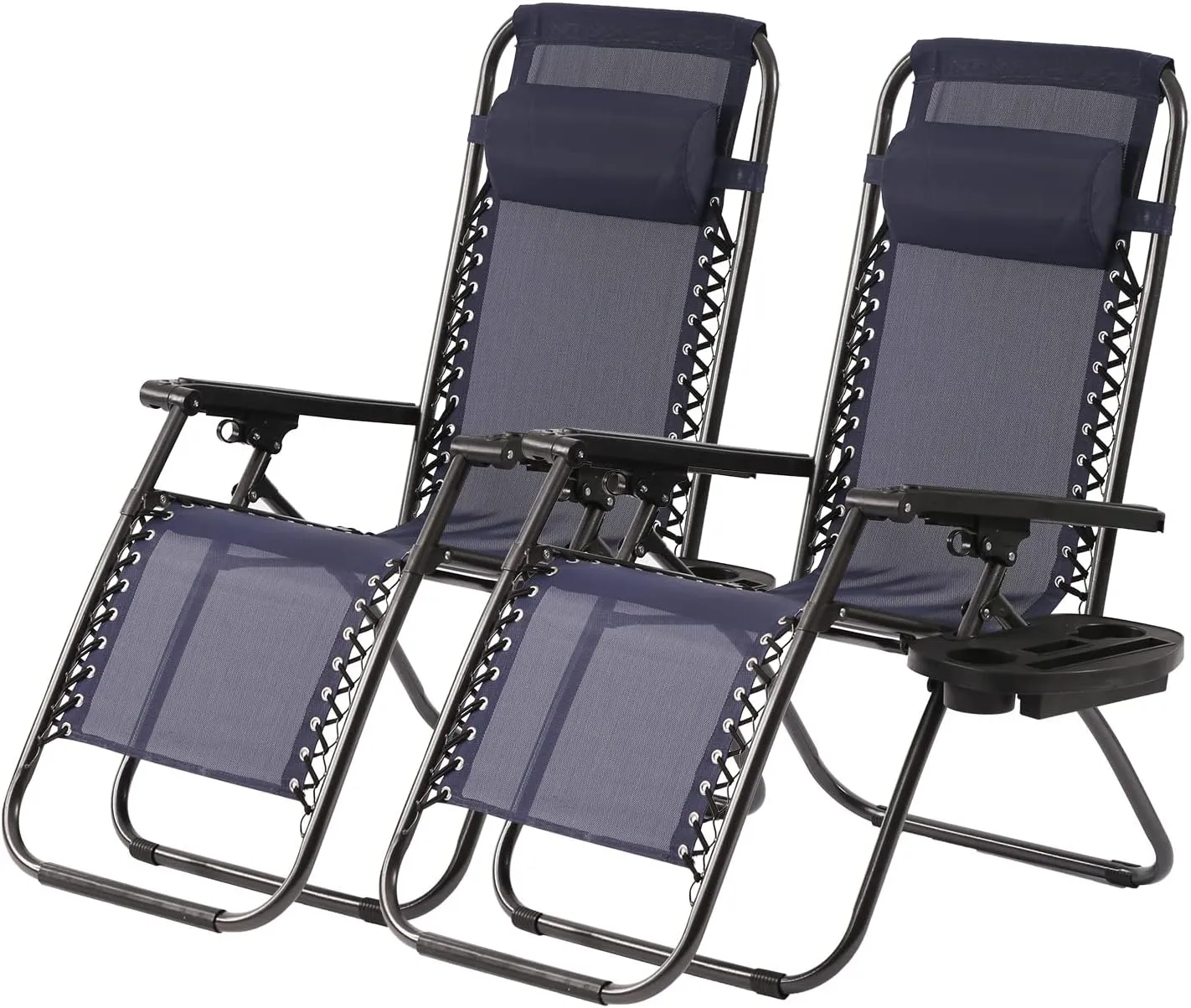 PayLessHere Set of 2 Lounge Chair Textilene Adjustable Beach Chair Zero Gravity Chair Folding Lawn Patio Chair with Removable Pillow and Cup Holder for Poolside Backyard Lawn Beach,Blue