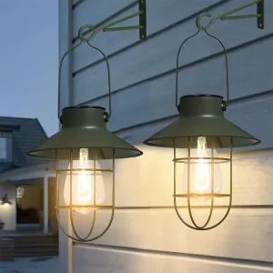 pearlstar Solar Lanterns Outdoor Metal Solar Powered Hanging Lights Waterproof for Wall Barn Yard Garden Patio Garage Balcony Porch Fence Decor, Warm White Edison Bulb (Green-2pack)