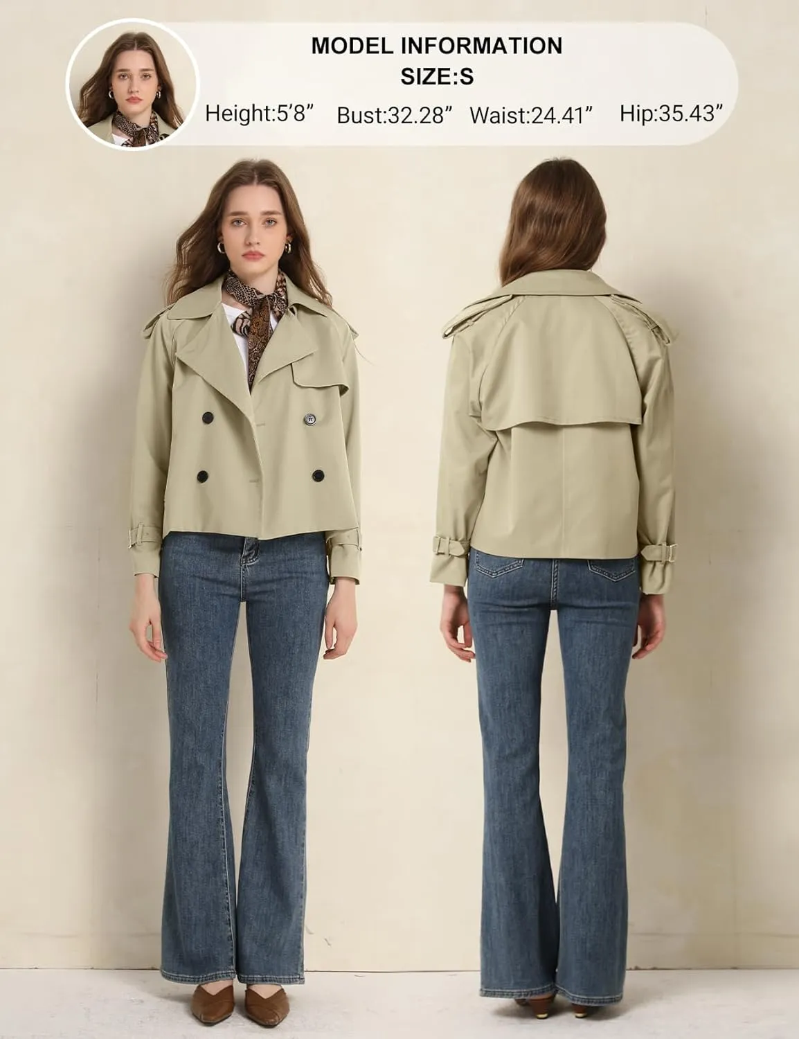 PEHMEA Women's Crop Double Breasted Trench Coat with Pockets, 2025 Spring Casual Trendy Work Office Travel Short Jackets