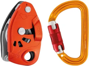 PETZL NEOX Belay Device with Sm'D Twist-Lock Carabiner - Belay Device with Cam-Assisted Blocking for Sport, Trad, & Top-Rope Climbing - Orange