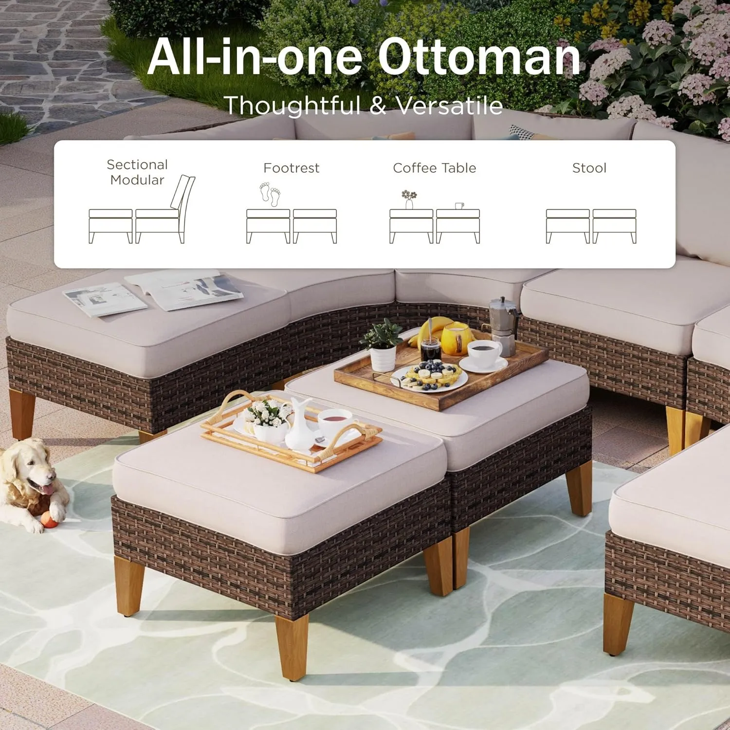 PHI VILLA 12 Pieces Patio Conversation Set Half Moon Wicker Outdoor Furniture Sofa Set Curved Circle Rattan Sofa for Garden
