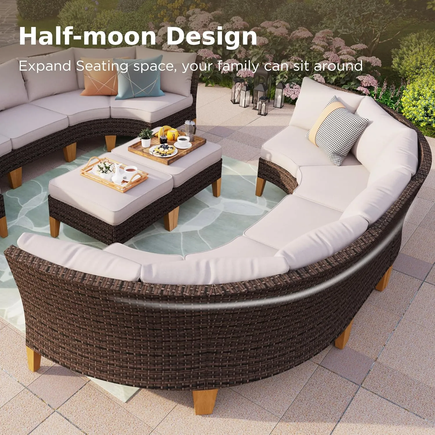 PHI VILLA 12 Pieces Patio Conversation Set Half Moon Wicker Outdoor Furniture Sofa Set Curved Circle Rattan Sofa for Garden