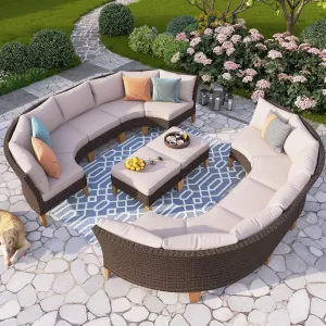 PHI VILLA 12 Pieces Patio Conversation Set Half Moon Wicker Outdoor Furniture Sofa Set Curved Circle Rattan Sofa for Garden