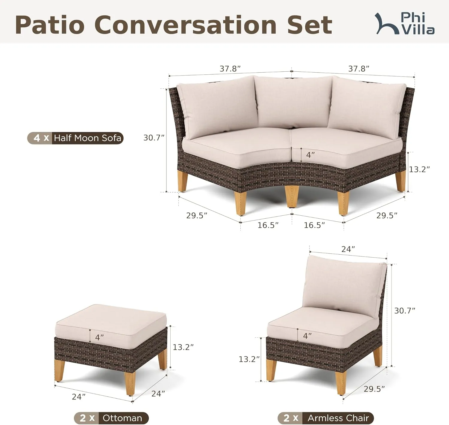 PHI VILLA 12 Pieces Patio Conversation Set Half Moon Wicker Outdoor Furniture Sofa Set Curved Circle Rattan Sofa for Garden