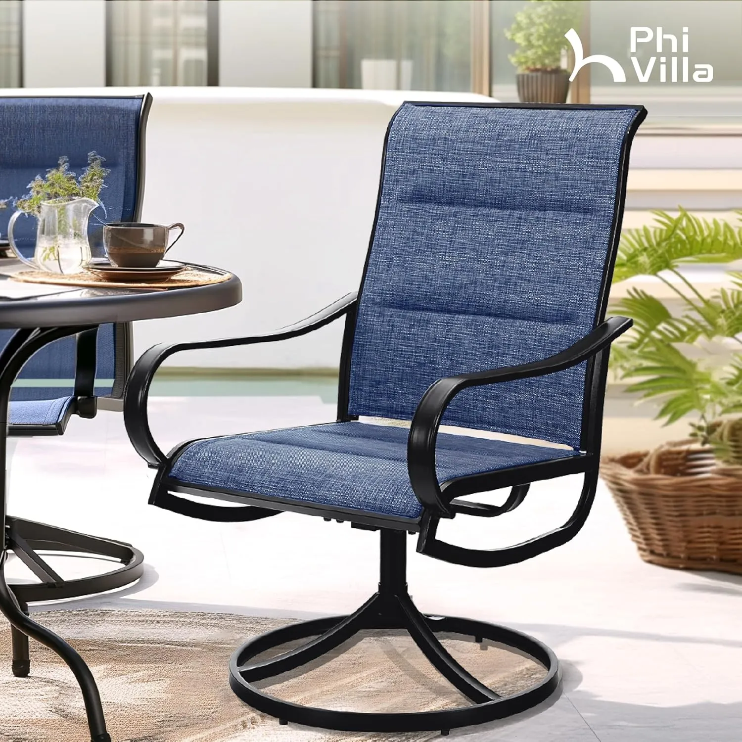 PHI VILLA Patio Swivel Dining Chairs Set of 2, All Weather Outdoor Chair with Padded Textilene & Black Metal Frame for Outdoor Lawn Garden Pooside (Blue)