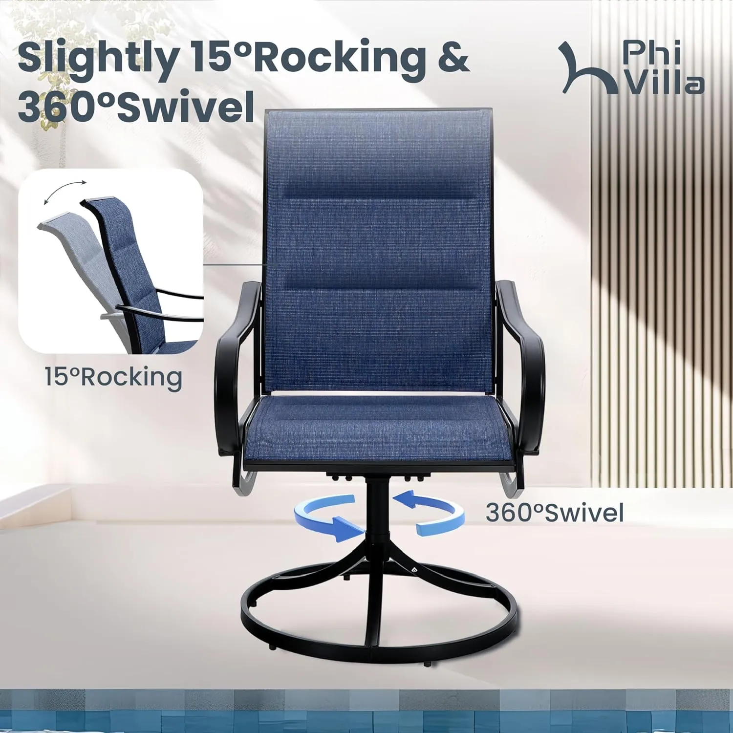 PHI VILLA Patio Swivel Dining Chairs Set of 2, All Weather Outdoor Chair with Padded Textilene & Black Metal Frame for Outdoor Lawn Garden Pooside (Blue)