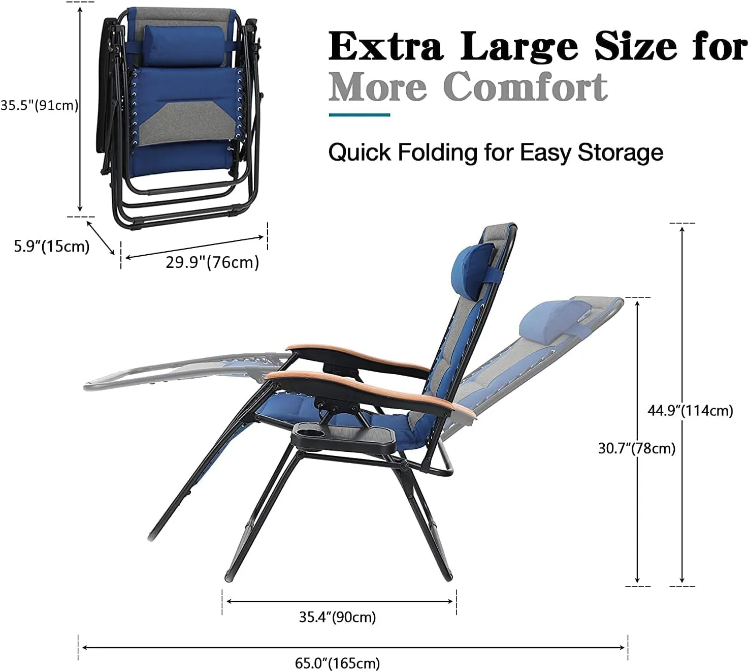 PHI VILLA XXL Oversized Padded Zero Gravity Chair, Foldable Patio Recliner, 30" Wide Seat Anti Gravity Lounger with Cup Holder, Set of 2, Support 400 LBS (Thumb Blue)