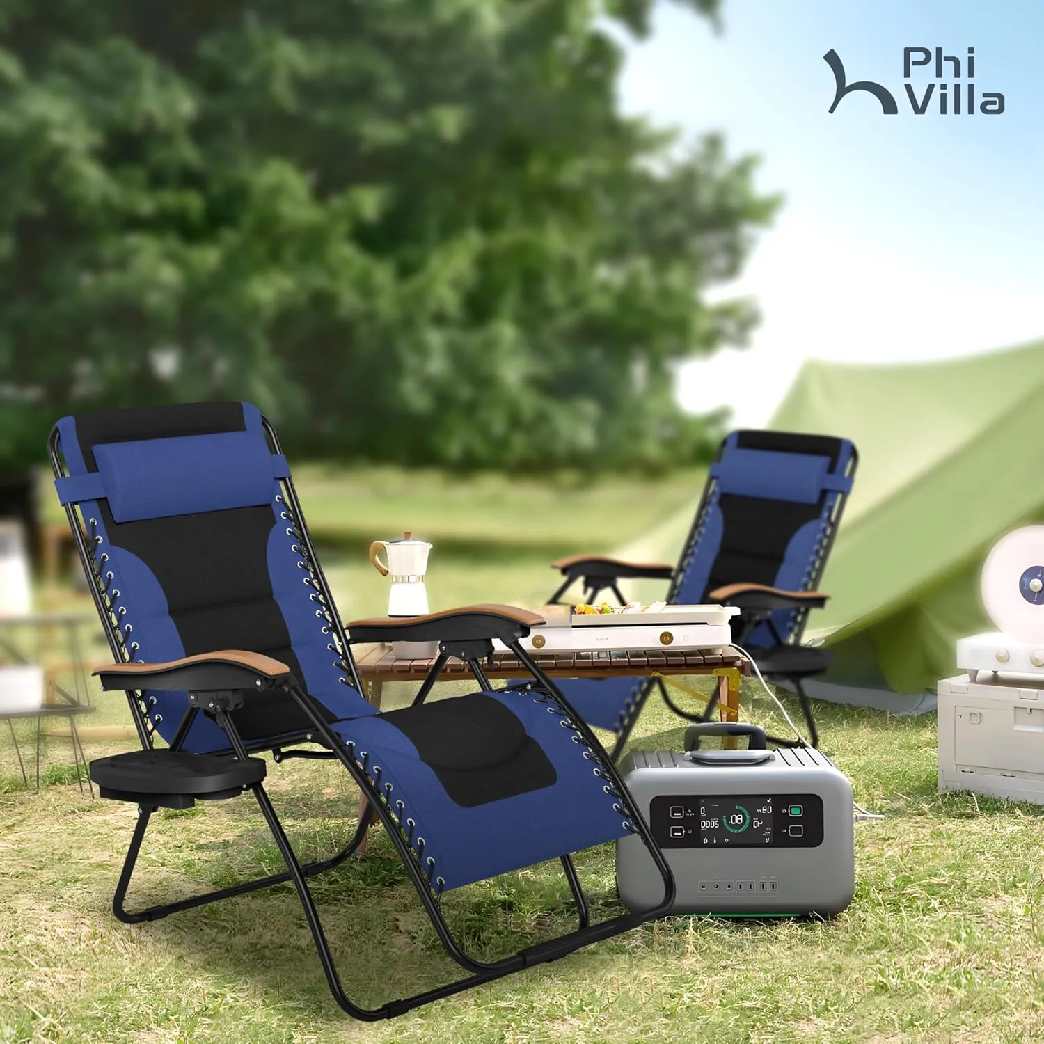 PHI VILLA XXL Oversized Padded Zero Gravity Chair, Foldable Patio Recliner, 30" Wide Seat Anti Gravity Lounger with Cup Holder, Support 400 LBS (Navy Blue)