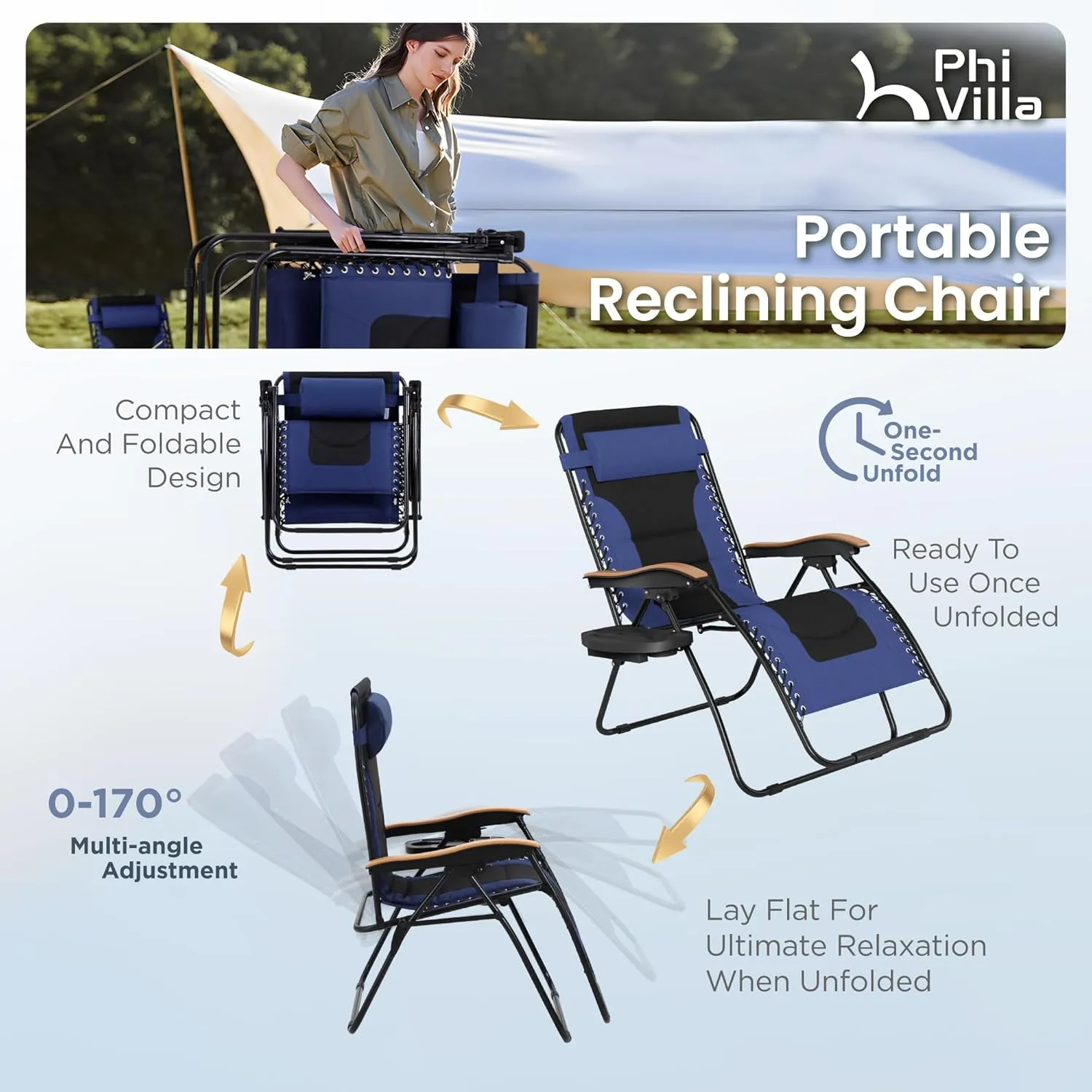 PHI VILLA XXL Oversized Padded Zero Gravity Chair, Foldable Patio Recliner, 30" Wide Seat Anti Gravity Lounger with Cup Holder, Support 400 LBS (Navy Blue)