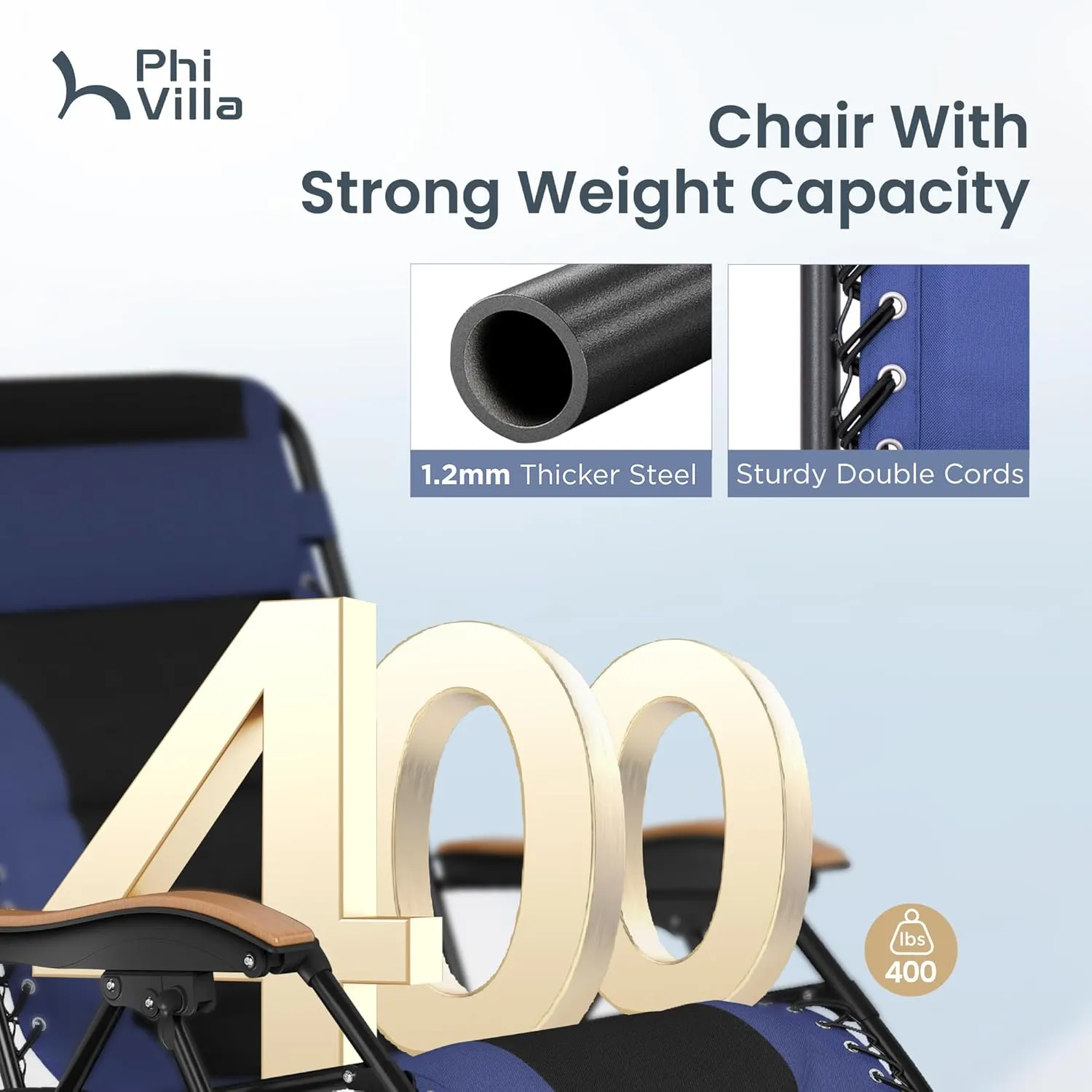 PHI VILLA XXL Oversized Padded Zero Gravity Chair, Foldable Patio Recliner, 30" Wide Seat Anti Gravity Lounger with Cup Holder, Support 400 LBS (Navy Blue)