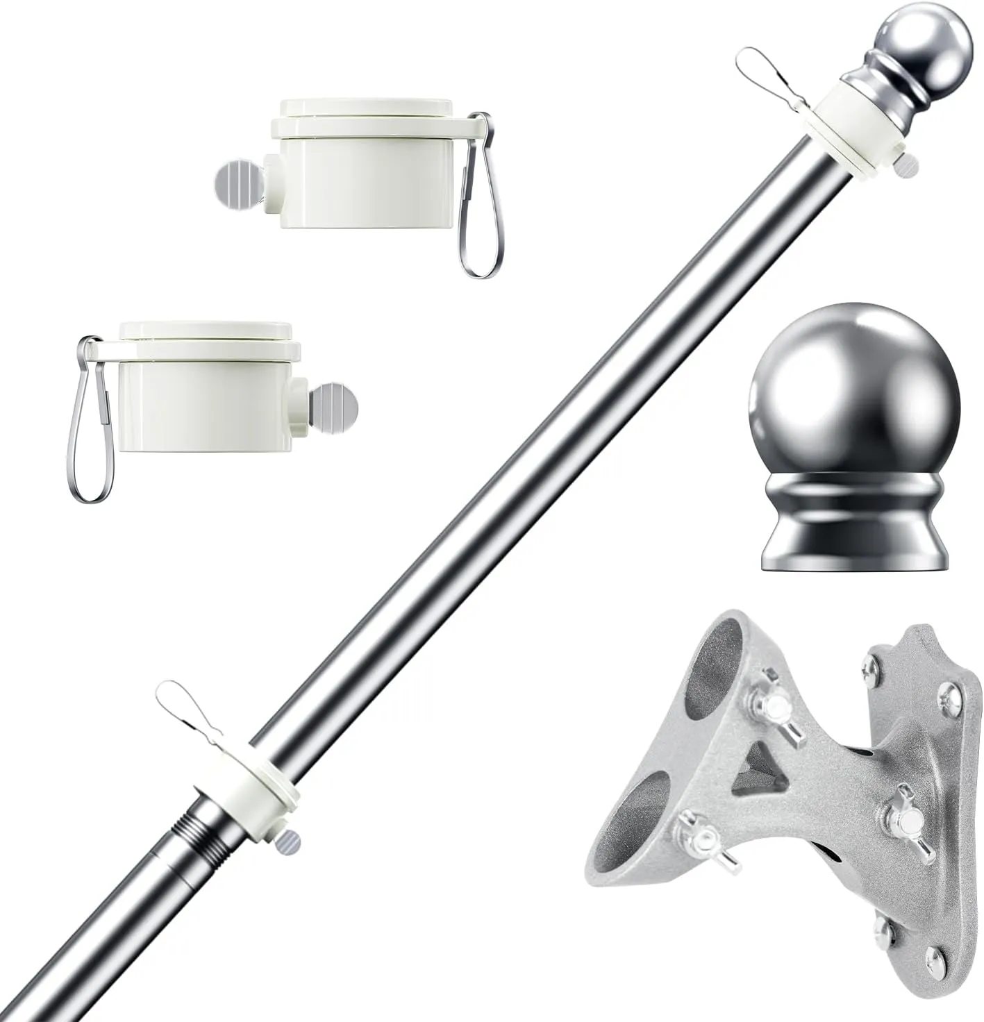 PHITRIC Flag Pole Kit, Tangle Free Spinning Stainless Steel Rustproof Flagpole for 3x5 Sports Fan Outdoor Flags for Outside House (Silver, 5FT, with Bracket)