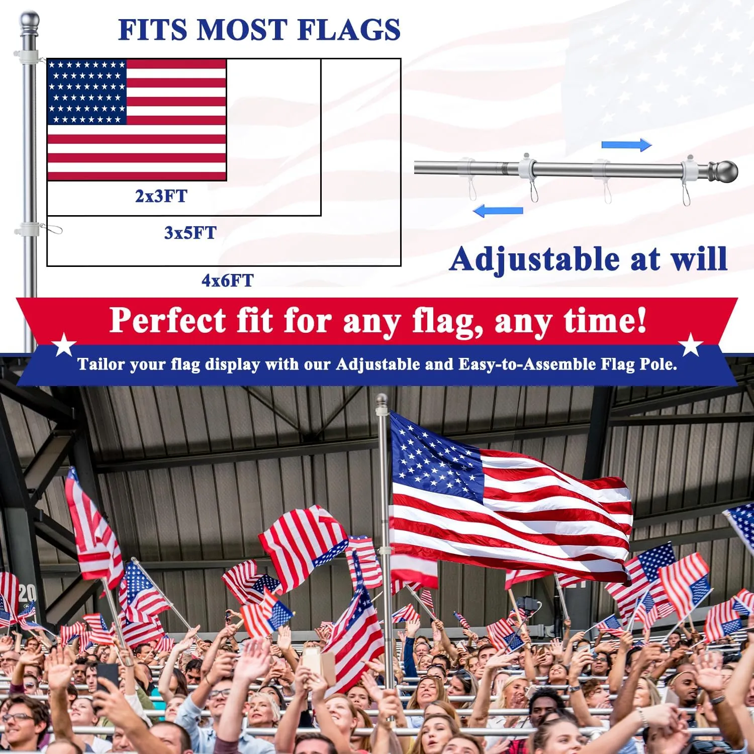PHITRIC Flag Pole Kit, Tangle Free Spinning Stainless Steel Rustproof Flagpole for 3x5 Sports Fan Outdoor Flags for Outside House (Silver, 5FT, with Bracket)