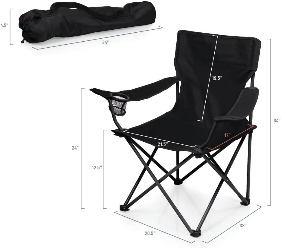 PICNIC TIME NCAA PTZ Camp Chair, Picnic Chair, Beach Chair with Carrying Bag, (Black)