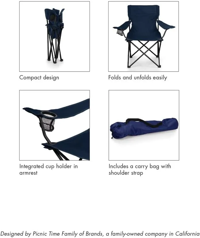 PICNIC TIME NCAA PTZ Camp Chair, Picnic Chair, Beach Chair with Carrying Bag, (Black)