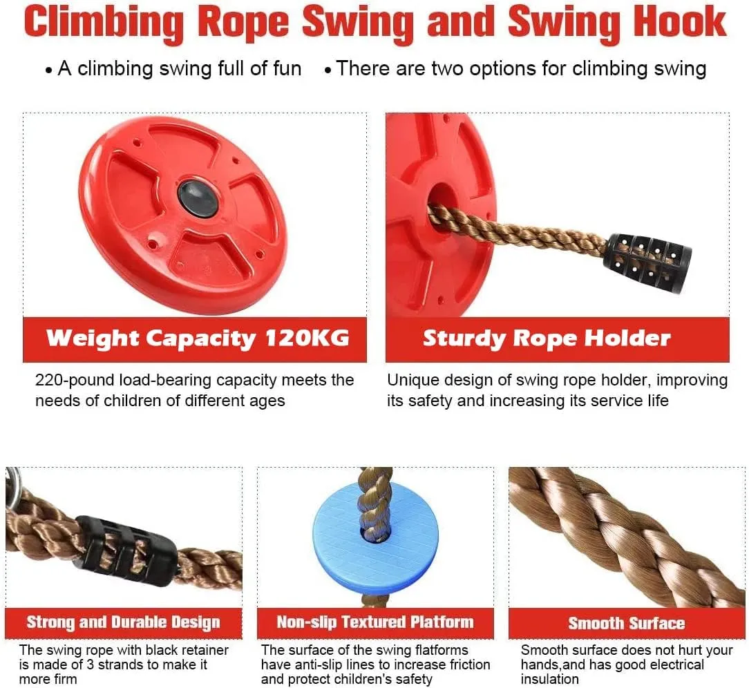 Platforms Disc Tree Swing Seat and Climbing Knot Rope with Carabiner Hook for Kids Outdoor Playground Set (Multicolor)