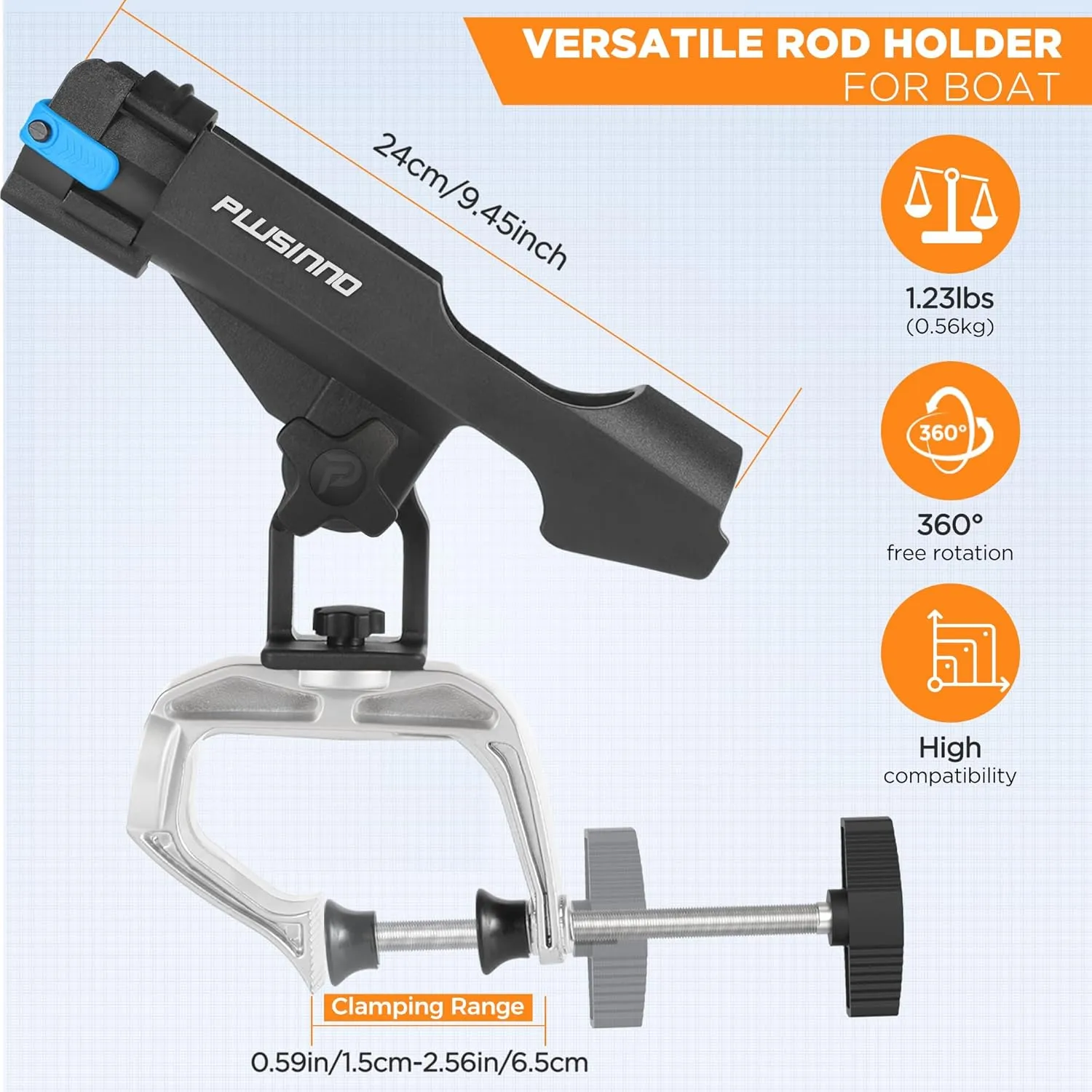 PLUSINNO Fishing Boat Rods Holder Large Clamp Opening 360 Degree Adjustable Fishing Rod Racks Folding Holder