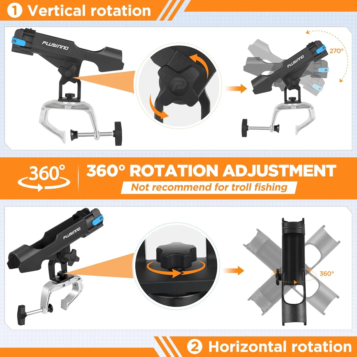 PLUSINNO Fishing Boat Rods Holder Large Clamp Opening 360 Degree Adjustable Fishing Rod Racks Folding Holder
