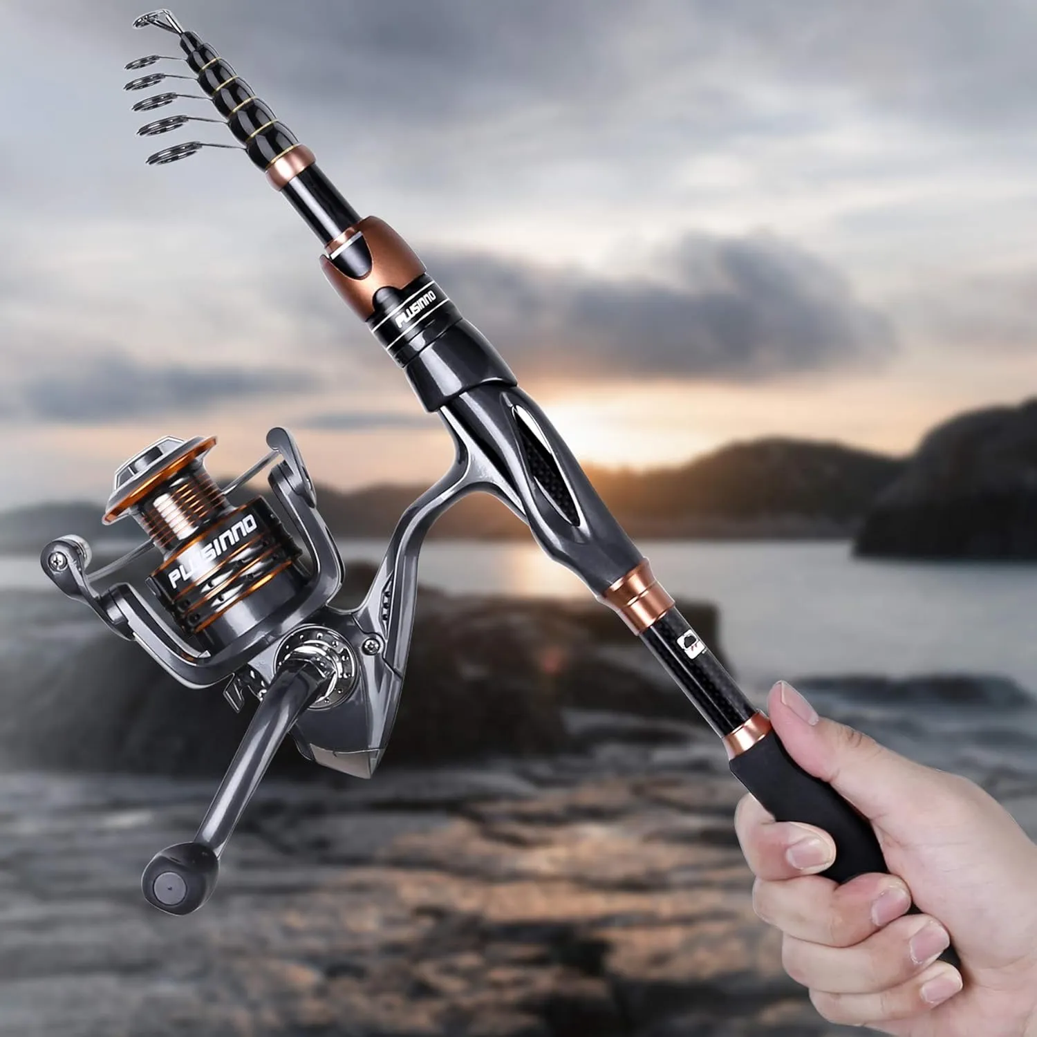 PLUSINNO Fishing Rod and Reel Combos, Bronze Warrior Toray 24-Ton Carbon Matrix Telescopic Fishing Rod Pole, 12  1 Shielded Bearings Stainless Steel BB Spinning Reel, Travel Freshwater Fishing Gear