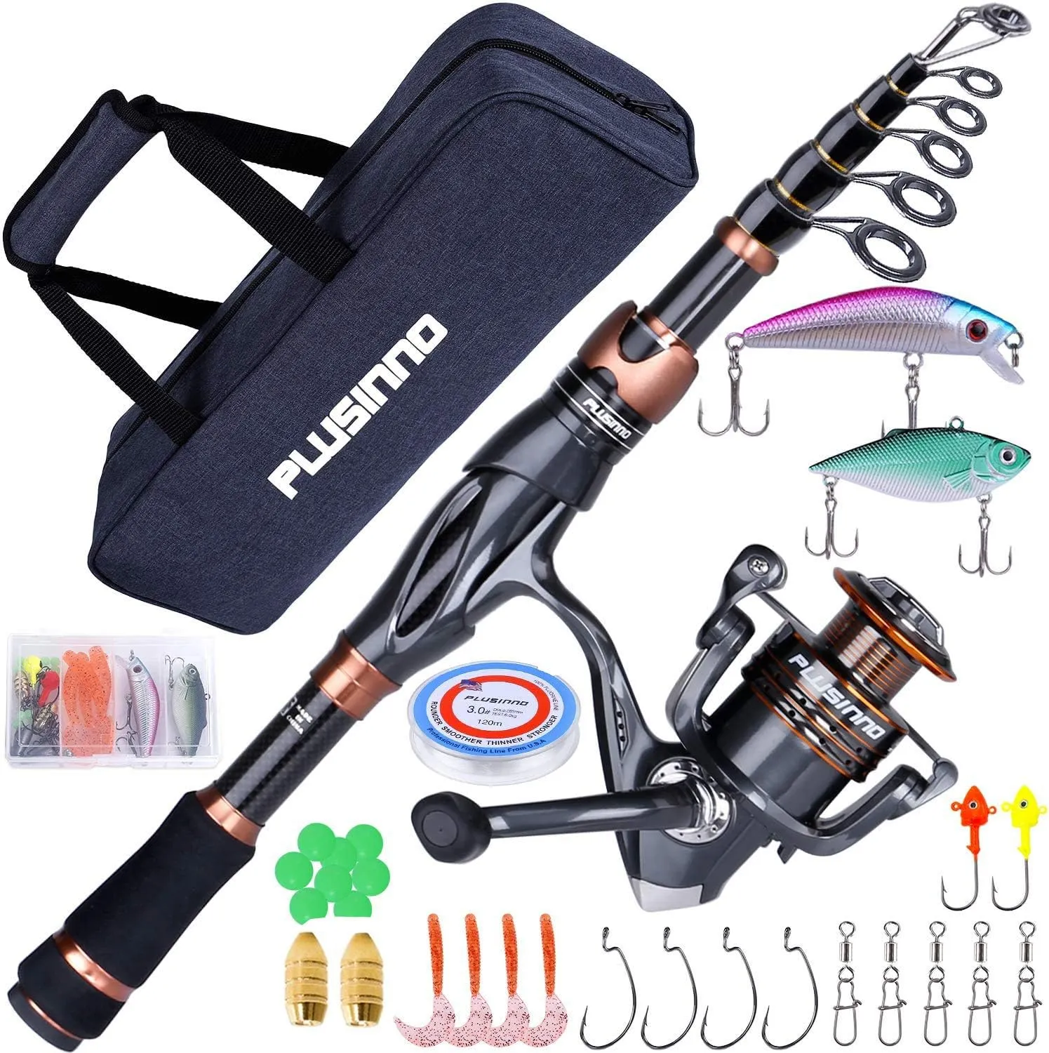 PLUSINNO Fishing Rod and Reel Combos, Bronze Warrior Toray 24-Ton Carbon Matrix Telescopic Fishing Rod Pole, 12  1 Shielded Bearings Stainless Steel BB Spinning Reel, Travel Freshwater Fishing Gear