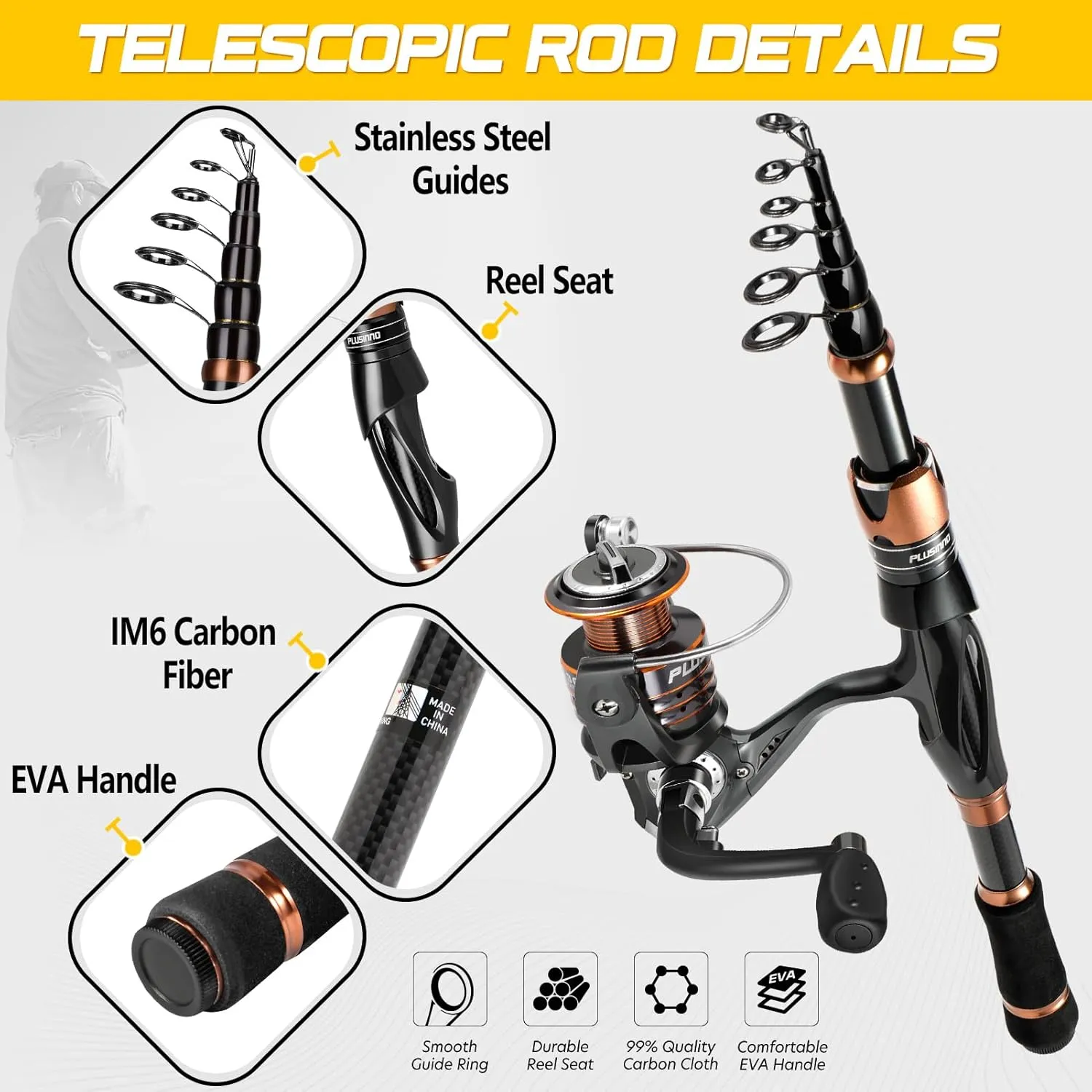 PLUSINNO Fishing Rod and Reel Combos, Bronze Warrior Toray 24-Ton Carbon Matrix Telescopic Fishing Rod Pole, 12  1 Shielded Bearings Stainless Steel BB Spinning Reel, Travel Freshwater Fishing Gear