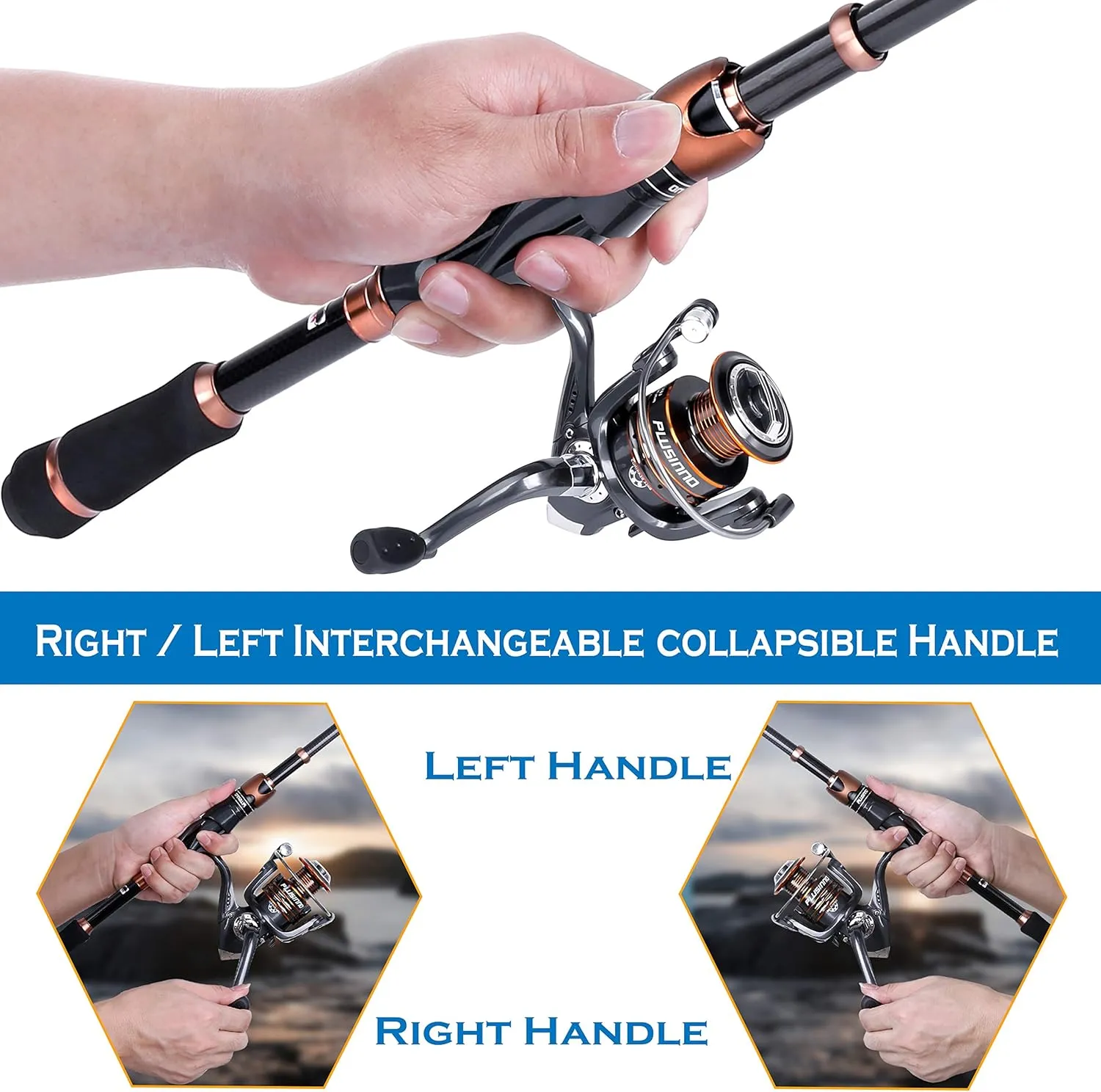 PLUSINNO Fishing Rod and Reel Combos, Bronze Warrior Toray 24-Ton Carbon Matrix Telescopic Fishing Rod Pole, 12  1 Shielded Bearings Stainless Steel BB Spinning Reel, Travel Freshwater Fishing Gear